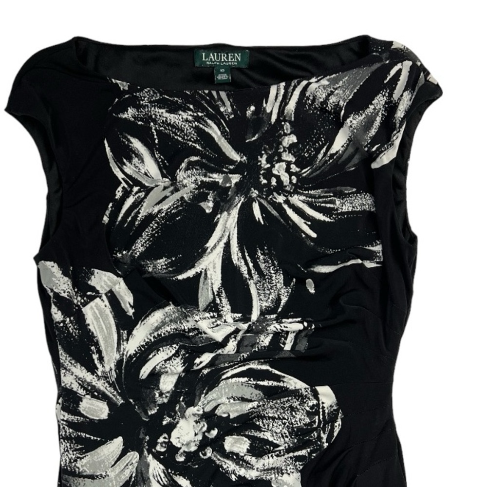 Lauren Ralph Lauren Boatneck Black & White Midi Floral Print Dress Sz: 10 - Picture 3 of 13